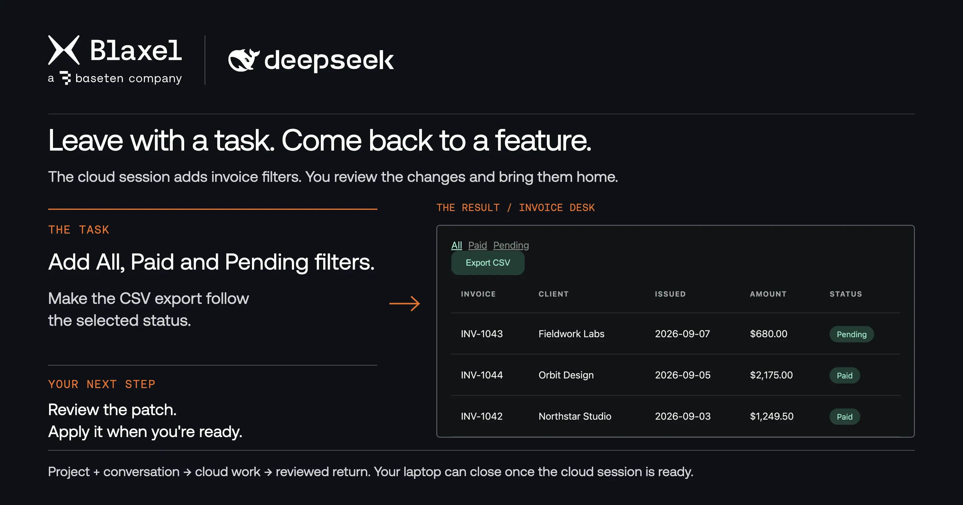 DeepSeek Harness takes an invoice filtering task to Blaxel. The finished Invoice Desk shows All, Paid and Pending filters with CSV export, and the changes return for review.