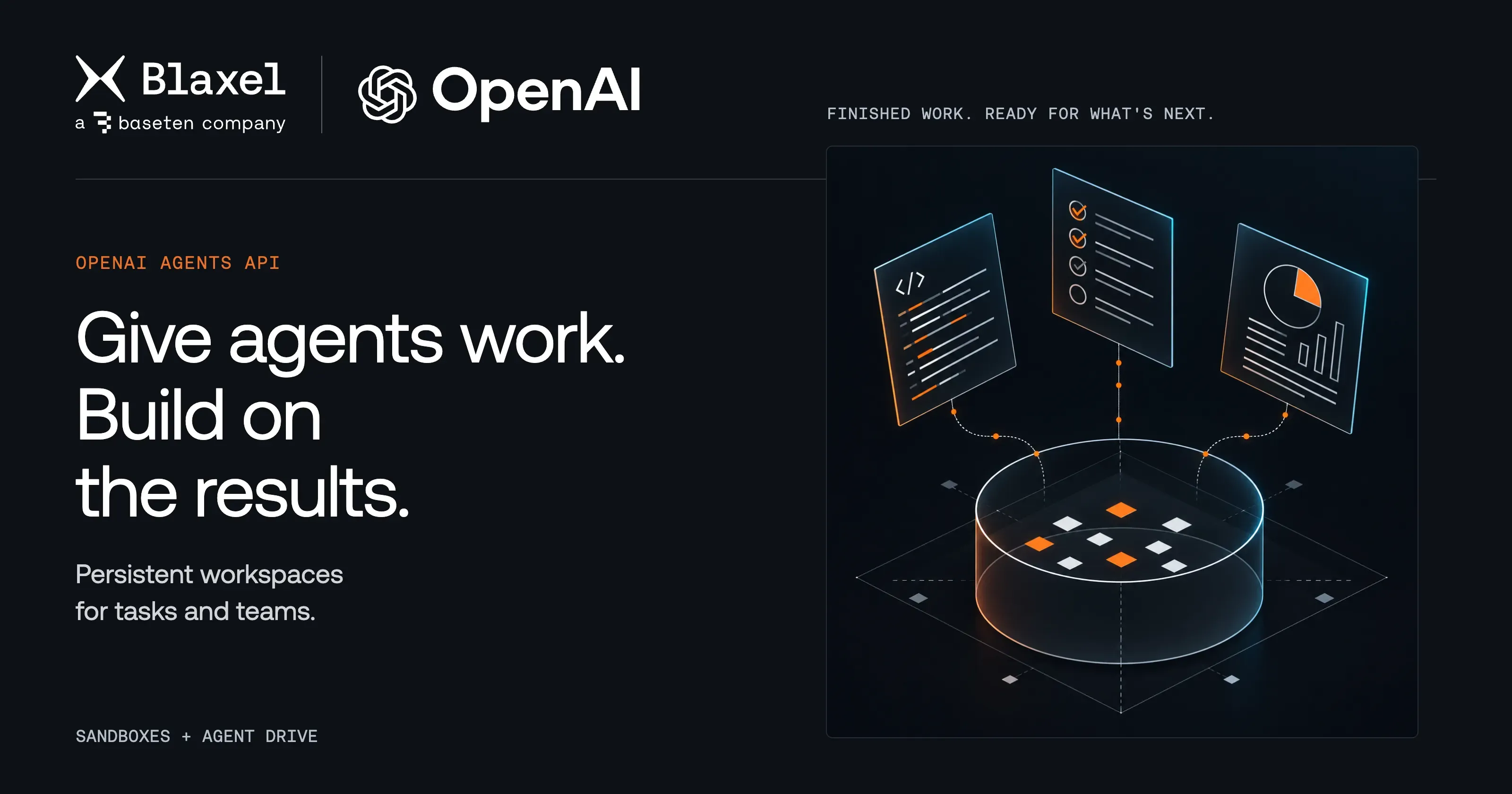 Code, a checklist and a report connected to shared storage beside the headline Give agents work. Build on the results.