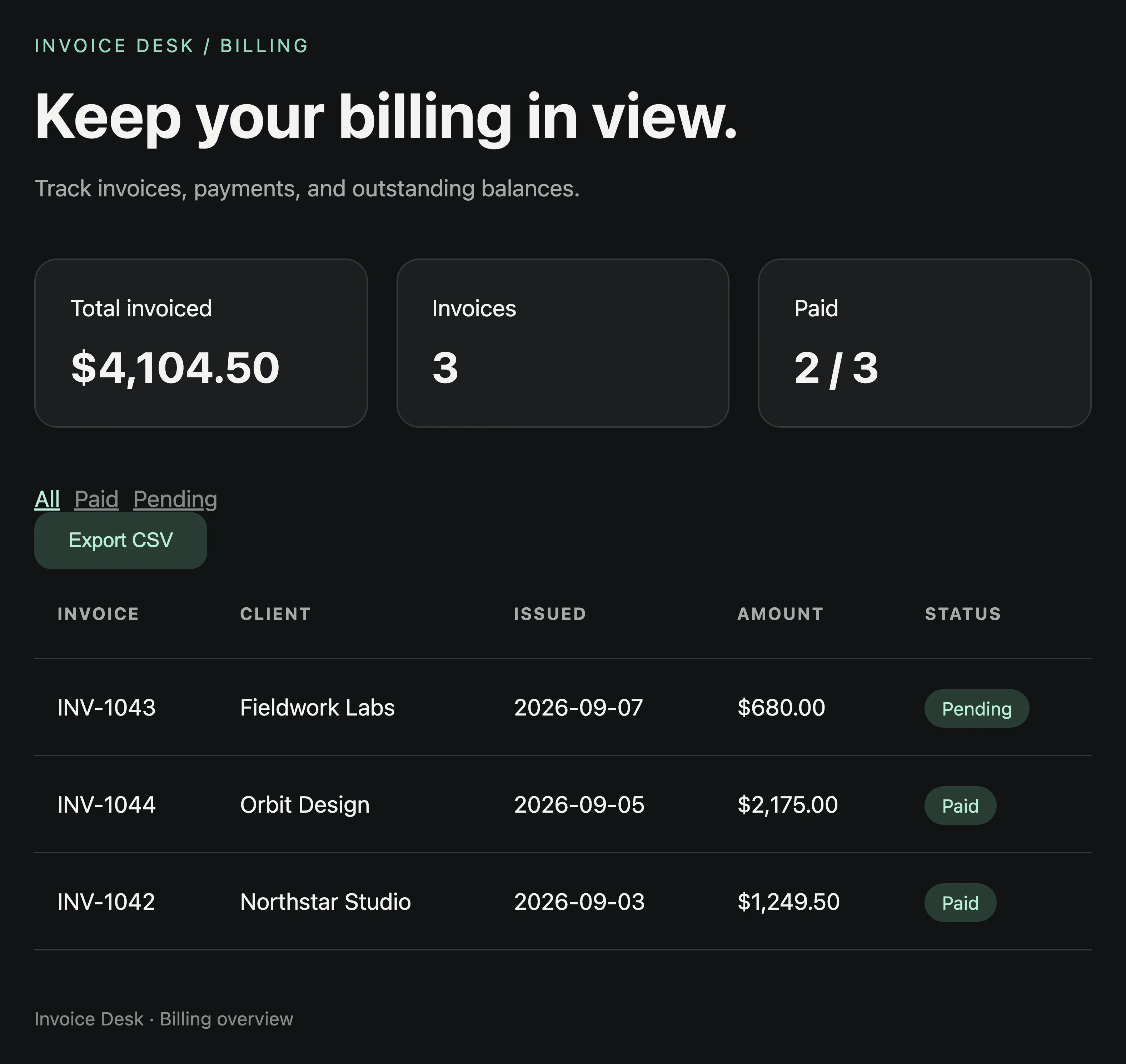 Invoice Desk after the cloud changes return, with All, Paid, and Pending filters alongside Export CSV.